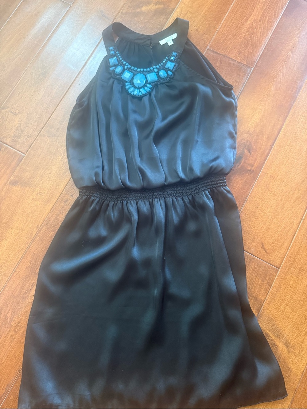 Jade Black Mini Dress with Teal Beaded Neckline